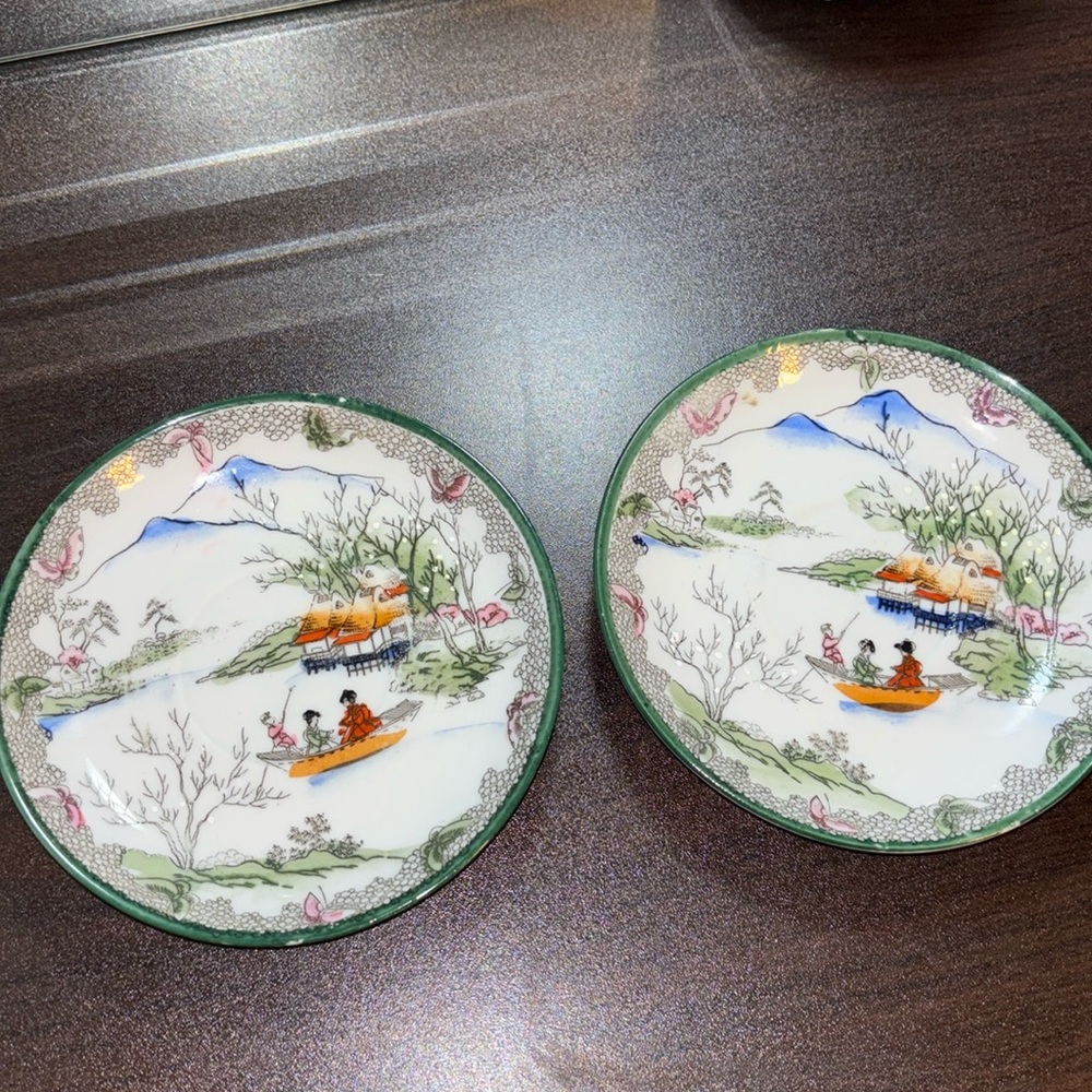Vintage Hand Painted set of two Saucer Small Plates Geishas Floral Japan